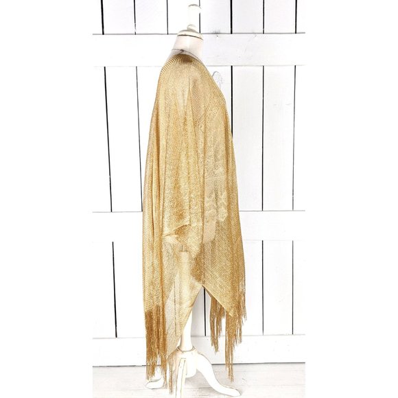 Gold metallic mesh kimono cover up fringe jacket - Picture 3 of 6